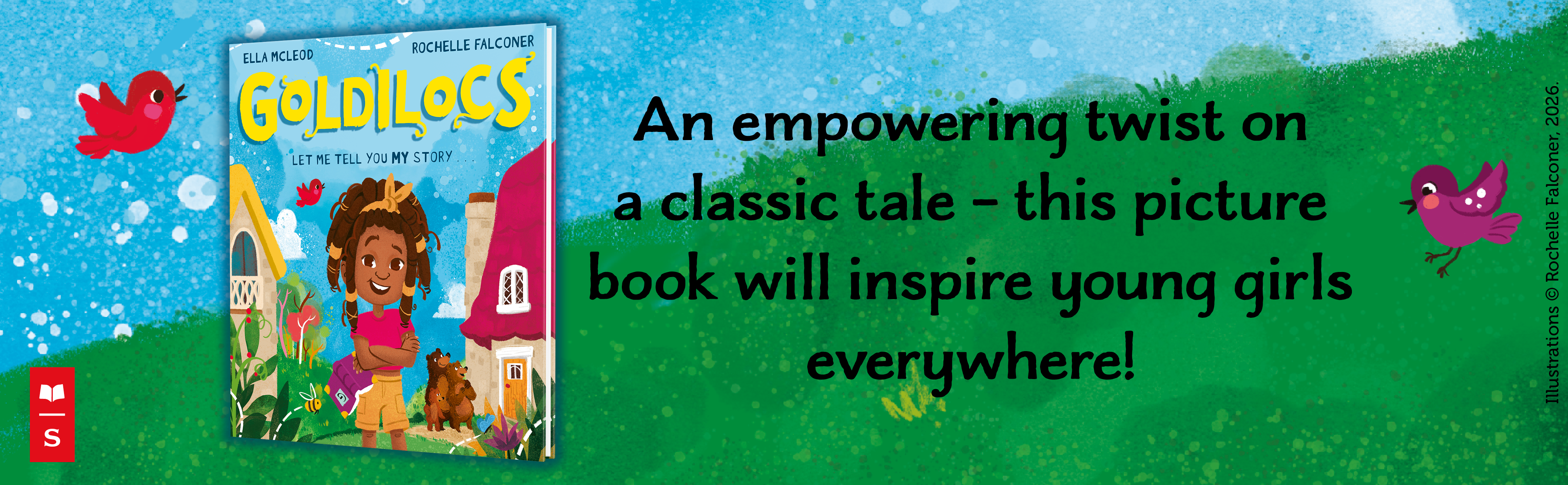 A landscape of green grass and blue sky with birds and butterfly illustrations. Features the cover of the picture book, Goldilocs.