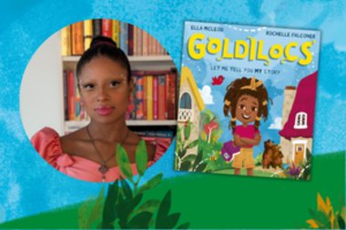 A landscape of grass and sky with a photograph of Ella McLeod and her picture book, Goldilocs.