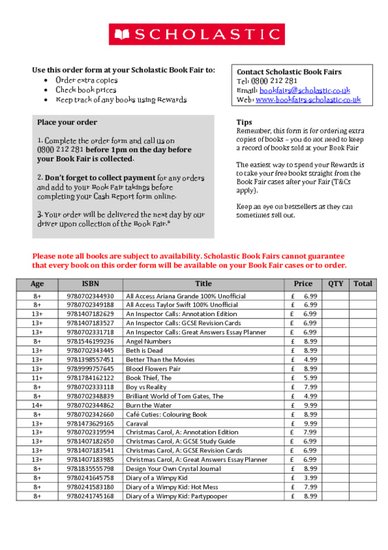 Scholastic Secondary Book Fair Order Form Spring 2026 PDF