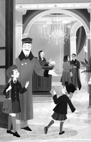 A black and white illustration of Bob the doorman with Macy and Meredith in the lobby of the Ivy Hotel.