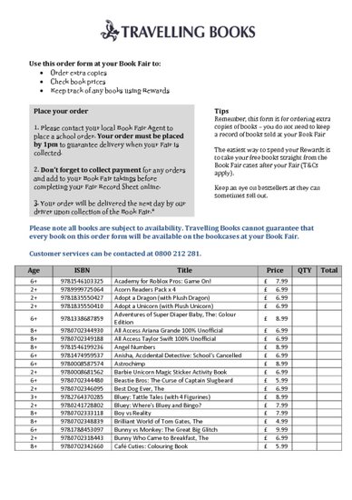 Travelling Book Fair Order Form Summer 2026 PDF