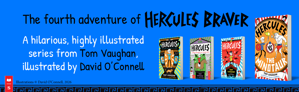 A bright blue background featuring all four books in the Hercules Braver series.