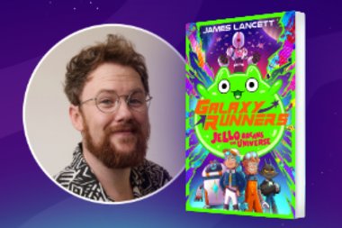 A photograph of James Lancett next to his book, Galaxy Runners.