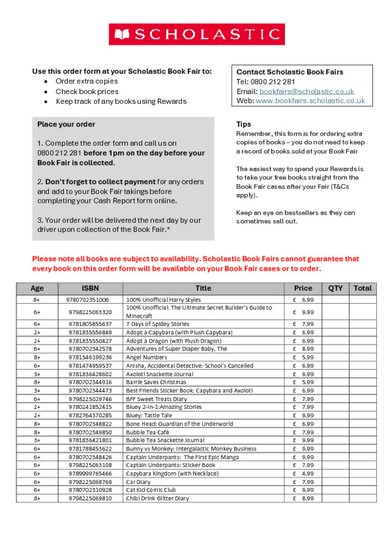 Scholastic Primary Book Fair Order Form Autumn 2026 PDF