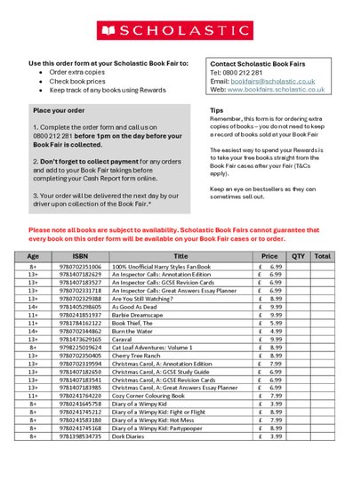 Scholastic Secondary Book Fair Order Form Autumn 2026 PDF Scholastic Secondary Book Fair Order Form Autumn 2026 PDF