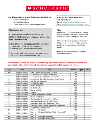 Scholastic Secondary Book Fair Order Form Autumn 2026 PDF