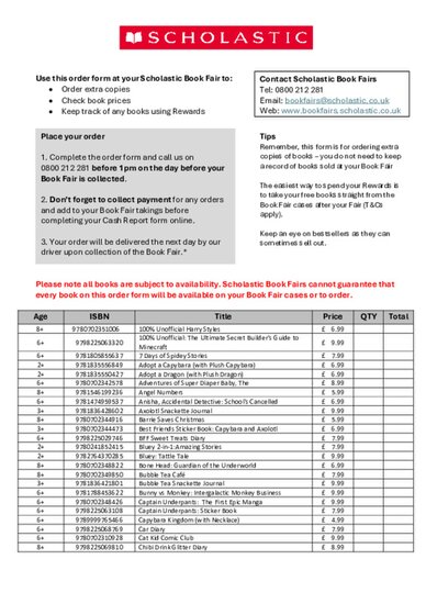 Scholastic Primary Book Fair Order Form Autumn 2026 PDF